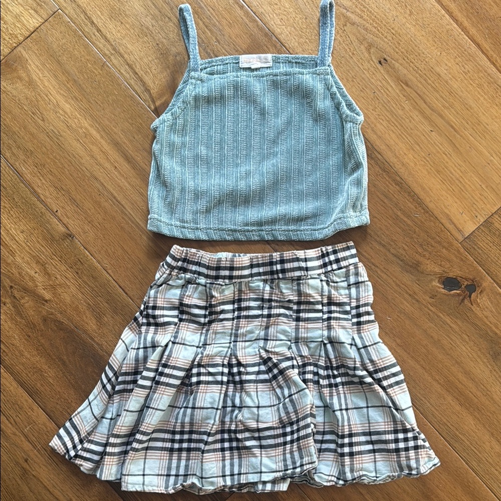 Blue Textured Tank Top and Plaid Skirt Set-gently worn